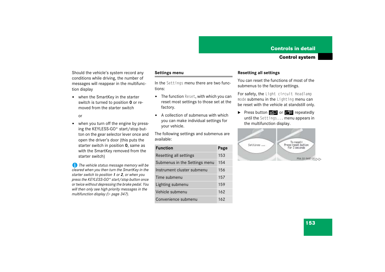 Control system menus:settings, Settings menu | Mercedes-Benz SL-Class 2007 Owners Manual User Manual | Page 154 / 473