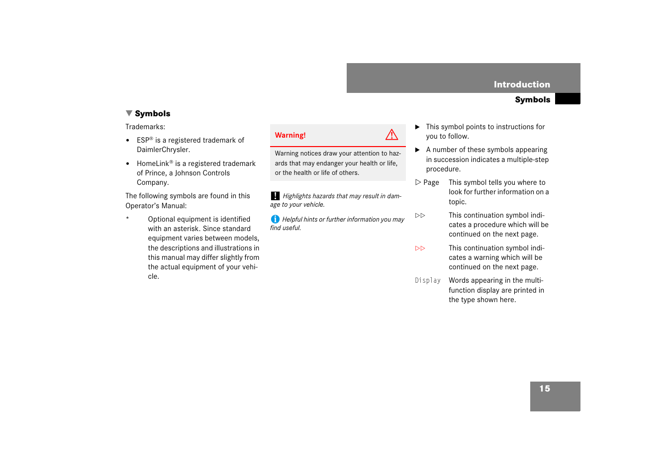 Symbols | Mercedes-Benz SL-Class 2007 Owners Manual User Manual | Page 16 / 473