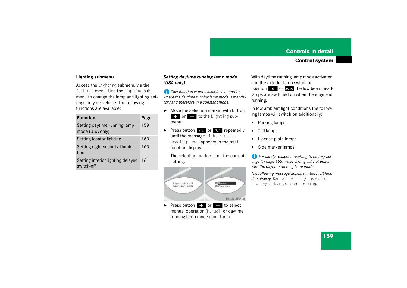 See “setting daytime running lamp mode (usa only) | Mercedes-Benz SL-Class 2007 Owners Manual User Manual | Page 160 / 473