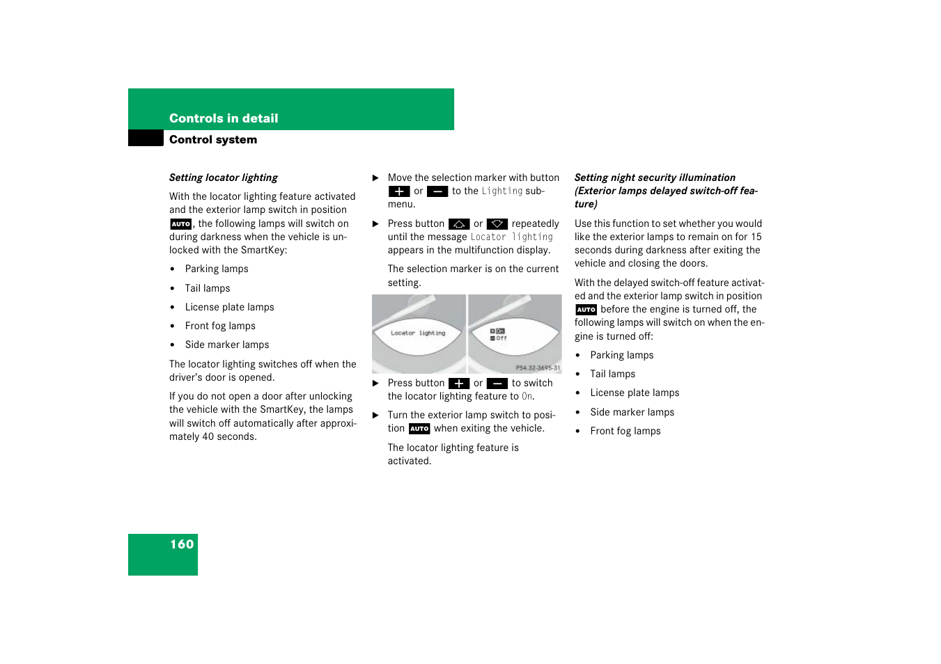 Section, see “setting locator lighting, Lumination | Mercedes-Benz SL-Class 2007 Owners Manual User Manual | Page 161 / 473