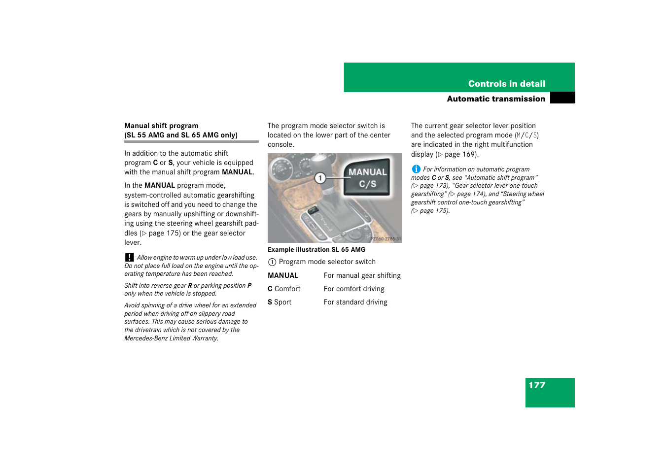Manual shift program sl 55 amg and sl 65 amg, Only) | Mercedes-Benz SL-Class 2007 Owners Manual User Manual | Page 178 / 473
