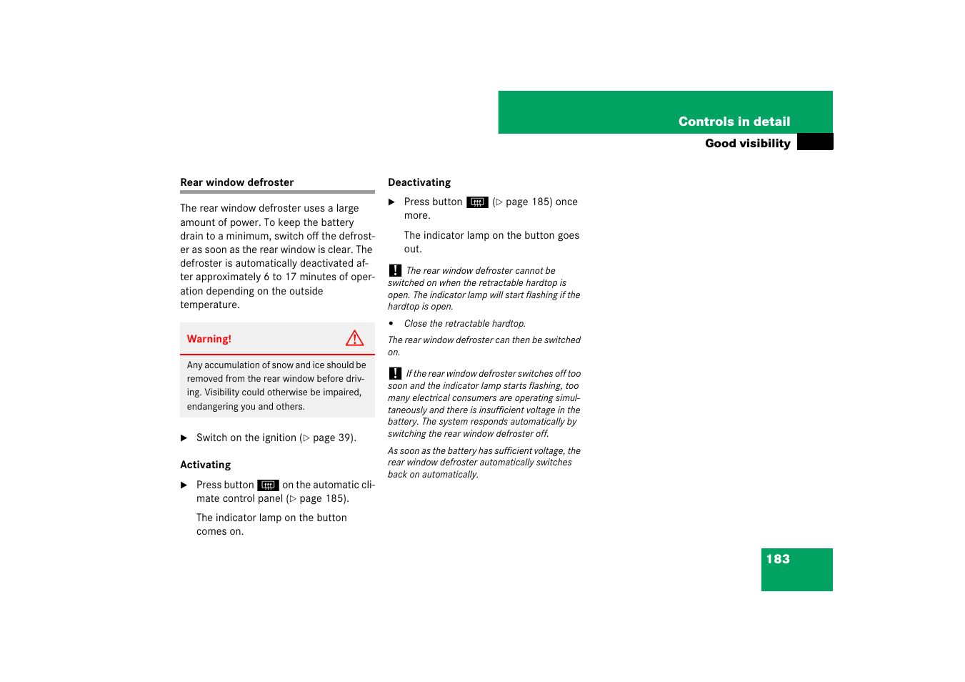 Automatic climate control system:defrosting, Rear window defroster | Mercedes-Benz SL-Class 2007 Owners Manual User Manual | Page 184 / 473
