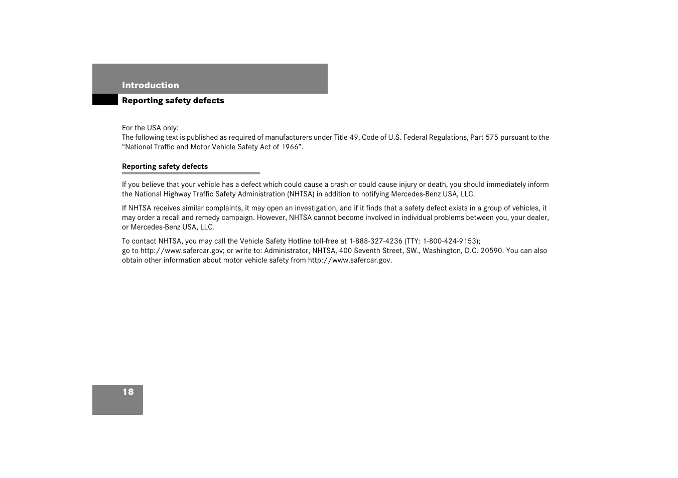 Reporting safety defects | Mercedes-Benz SL-Class 2007 Owners Manual User Manual | Page 19 / 473