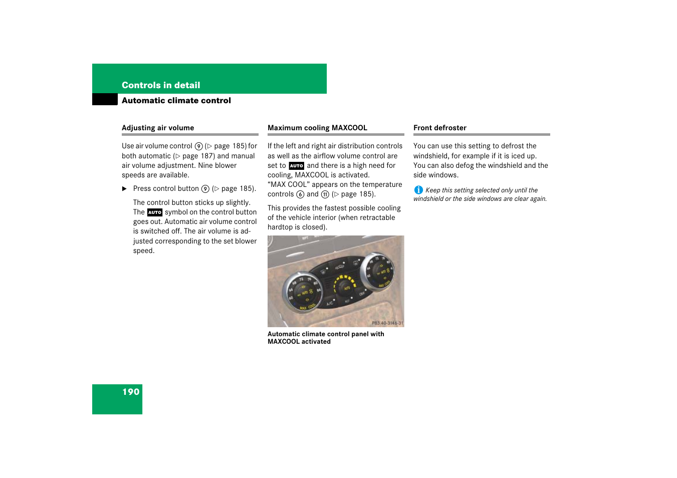 Air volume, Maximum cooling maxcool, Automatic climate control system:defrosting | Ally | Mercedes-Benz SL-Class 2007 Owners Manual User Manual | Page 191 / 473