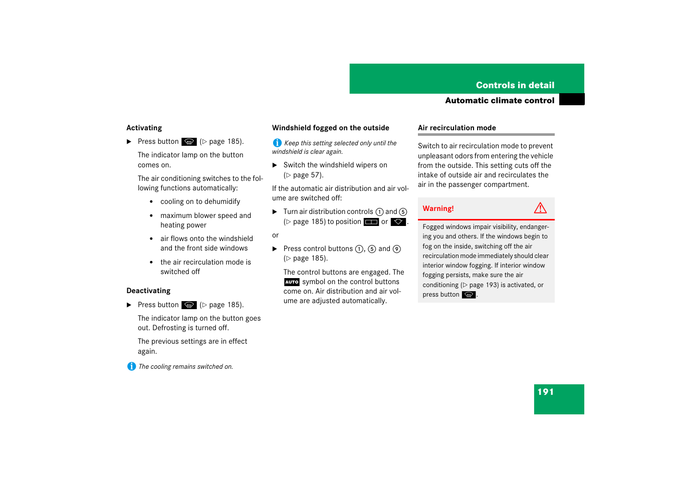 Air recirculation mode | Mercedes-Benz SL-Class 2007 Owners Manual User Manual | Page 192 / 473