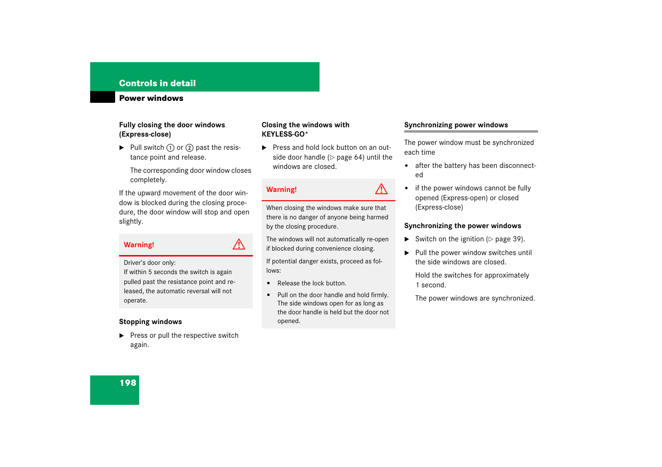 Power windows:synchronizing, Synchronizing power windows | Mercedes-Benz SL-Class 2007 Owners Manual User Manual | Page 199 / 473