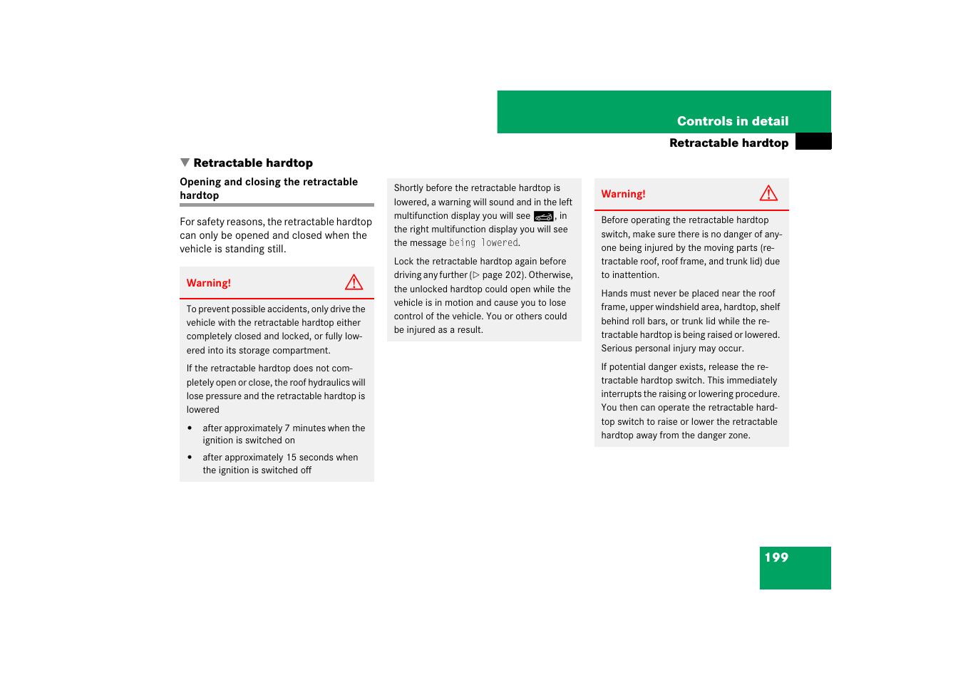 Retractable hardtop, Opening and closing the retractable hardtop | Mercedes-Benz SL-Class 2007 Owners Manual User Manual | Page 200 / 473