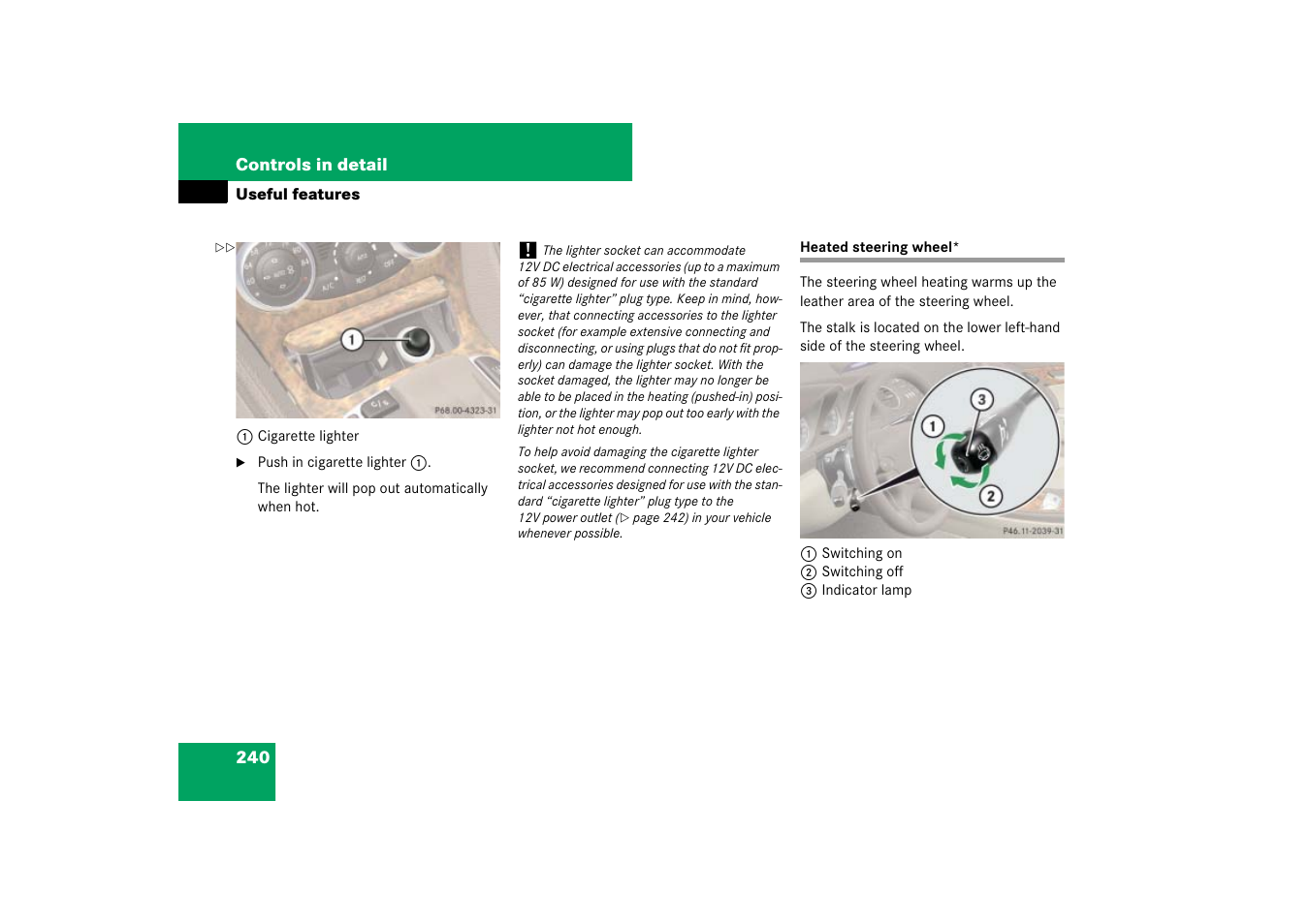 Heated steering wheel, More information, see “heated steer- ing wheel | Mercedes-Benz SL-Class 2007 Owners Manual User Manual | Page 241 / 473