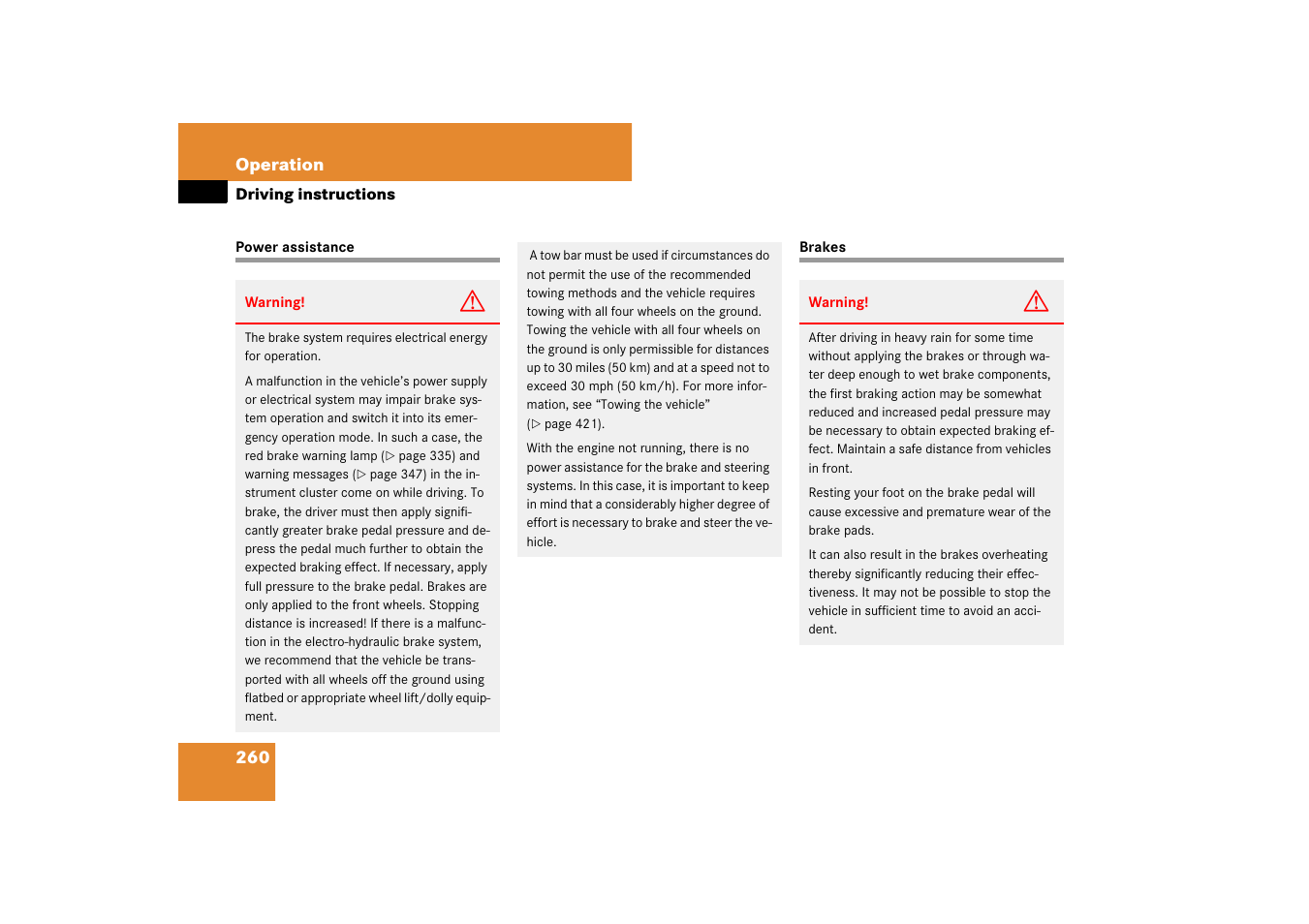 Power assistance, Brakes, Power assistance brakes | Mercedes-Benz SL-Class 2007 Owners Manual User Manual | Page 261 / 473