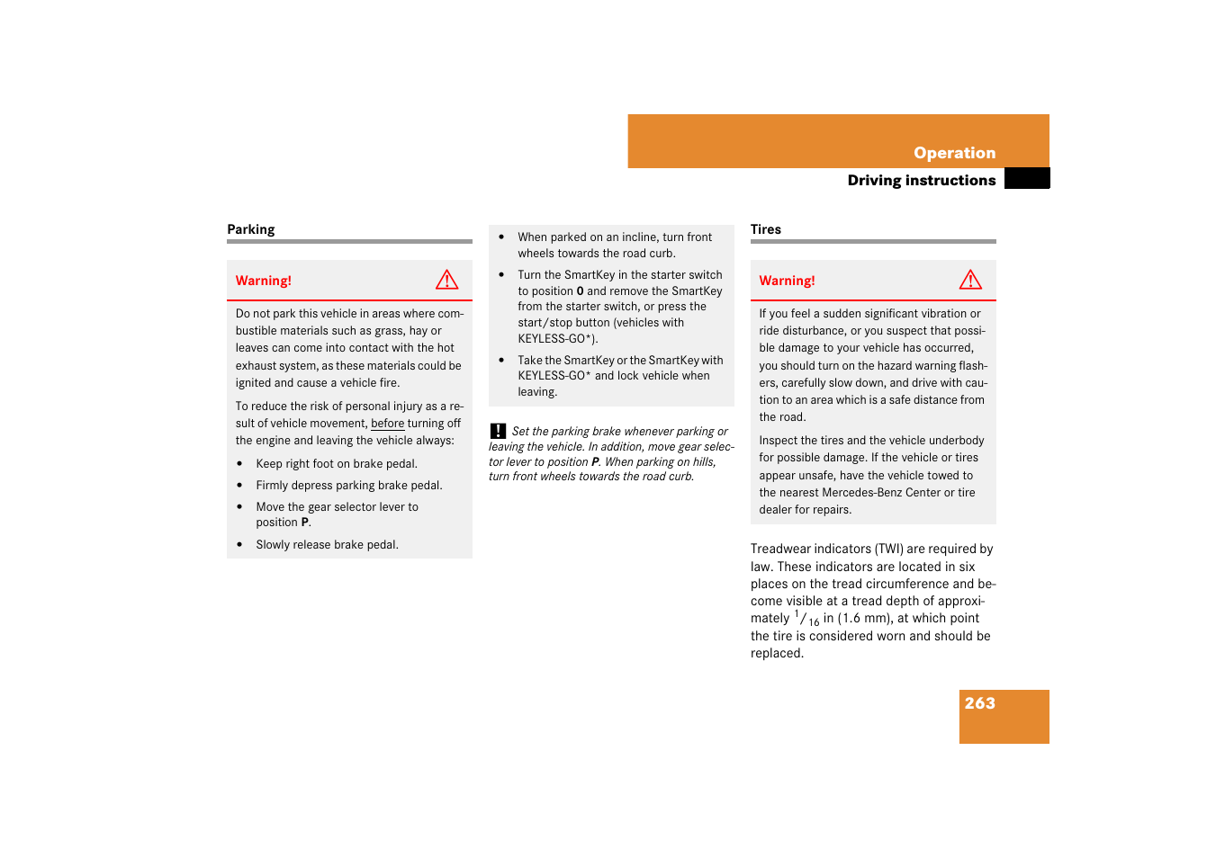 Parking, Tires:driving instructions, Parking tires | Mercedes-Benz SL-Class 2007 Owners Manual User Manual | Page 264 / 473