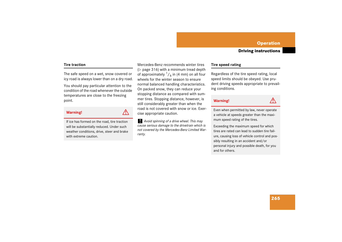 Tire traction, Tire speed rating, Tire traction tire speed rating | Mercedes-Benz SL-Class 2007 Owners Manual User Manual | Page 266 / 473
