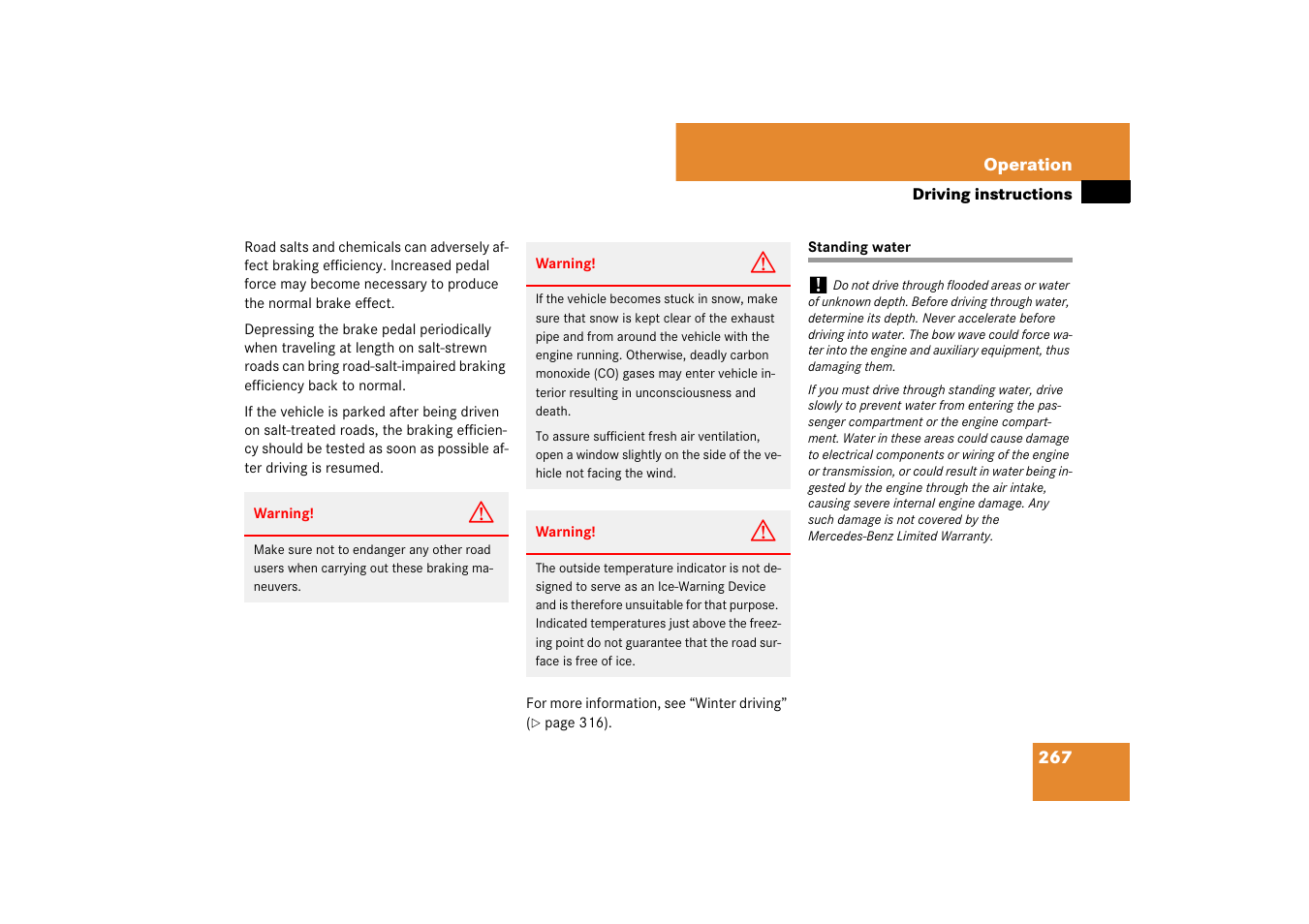 Standing water:driving instructions, Standing water | Mercedes-Benz SL-Class 2007 Owners Manual User Manual | Page 268 / 473