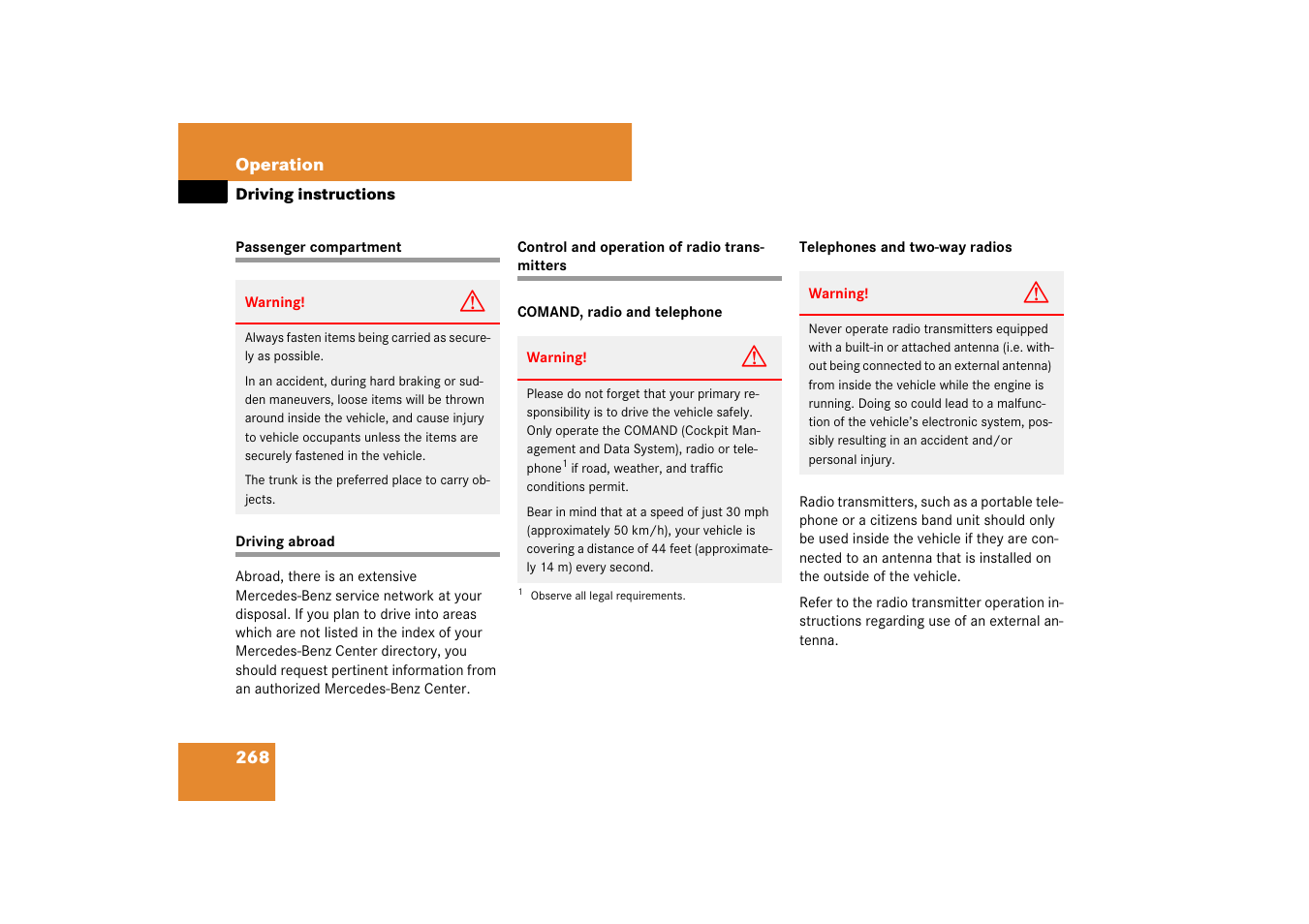 Passenger compartment, Driving:abroad, Radio transmitters:control and operation | Mercedes-Benz SL-Class 2007 Owners Manual User Manual | Page 269 / 473