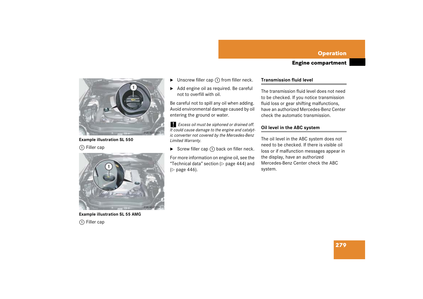 Abc:oil level | Mercedes-Benz SL-Class 2007 Owners Manual User Manual | Page 280 / 473