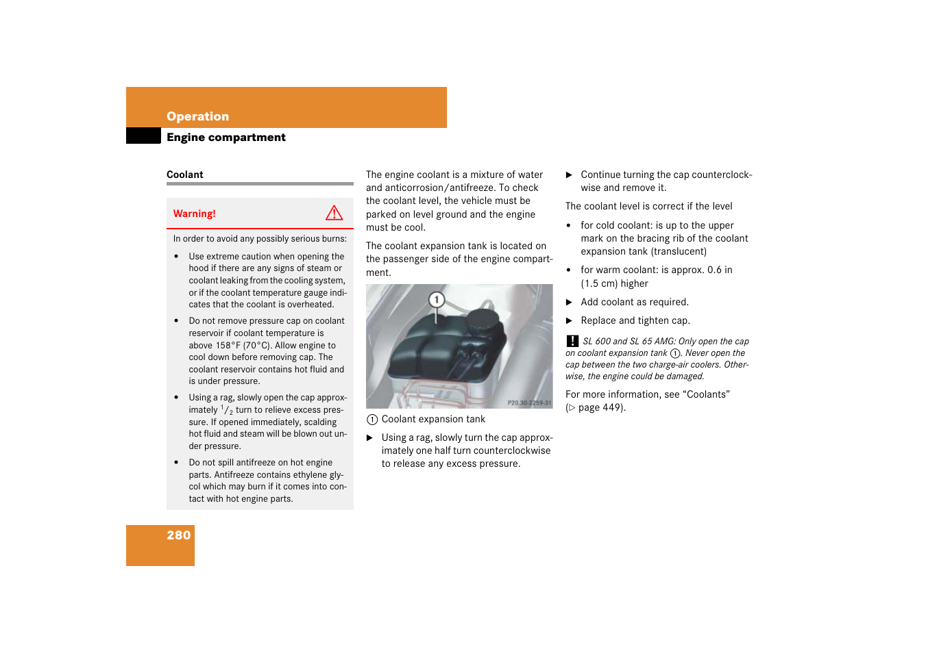 Coolant:checking coolant level, Coolant, Vel, see “coolant | Mercedes-Benz SL-Class 2007 Owners Manual User Manual | Page 281 / 473