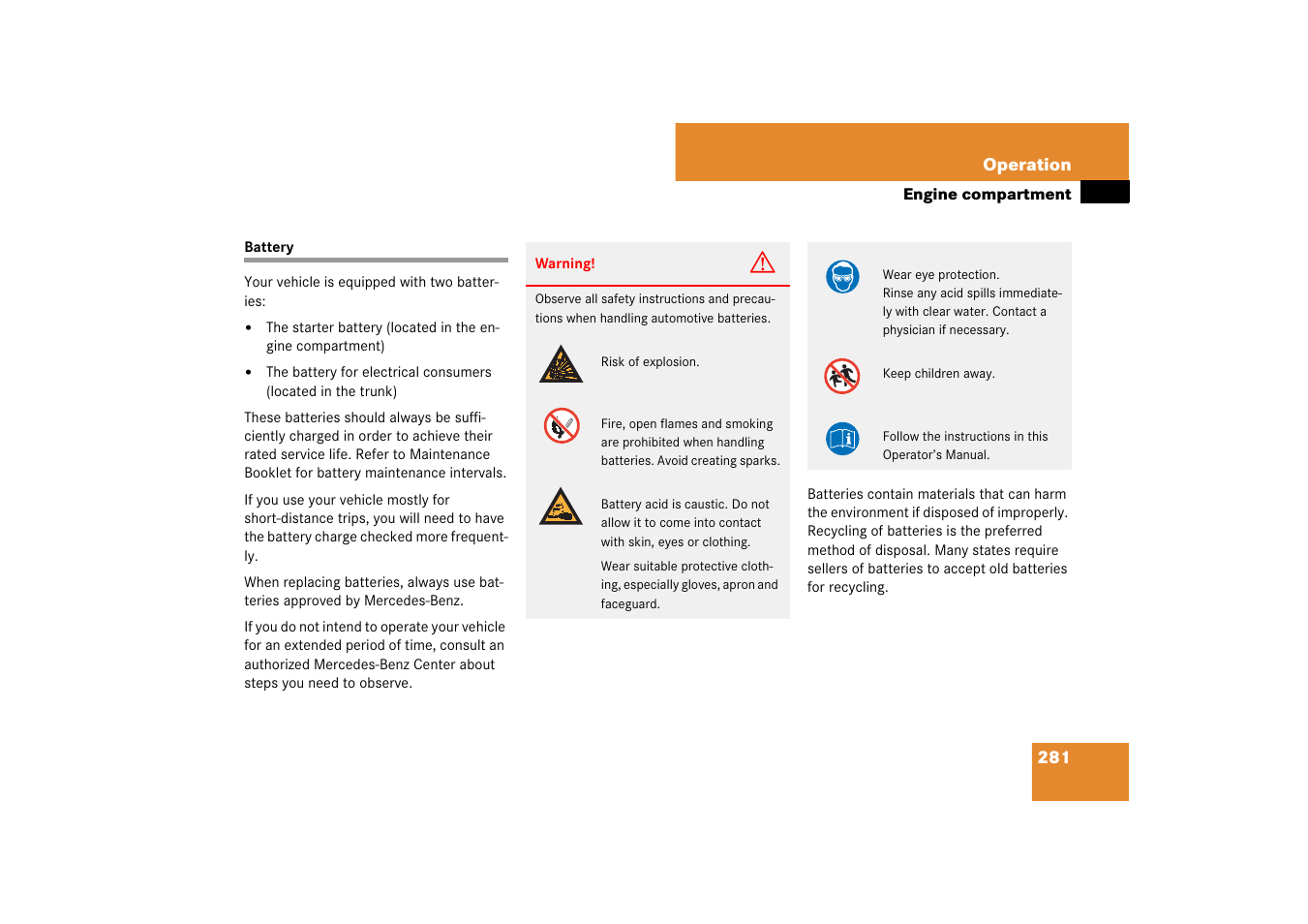 Batteries, vehicle, Battery | Mercedes-Benz SL-Class 2007 Owners Manual User Manual | Page 282 / 473