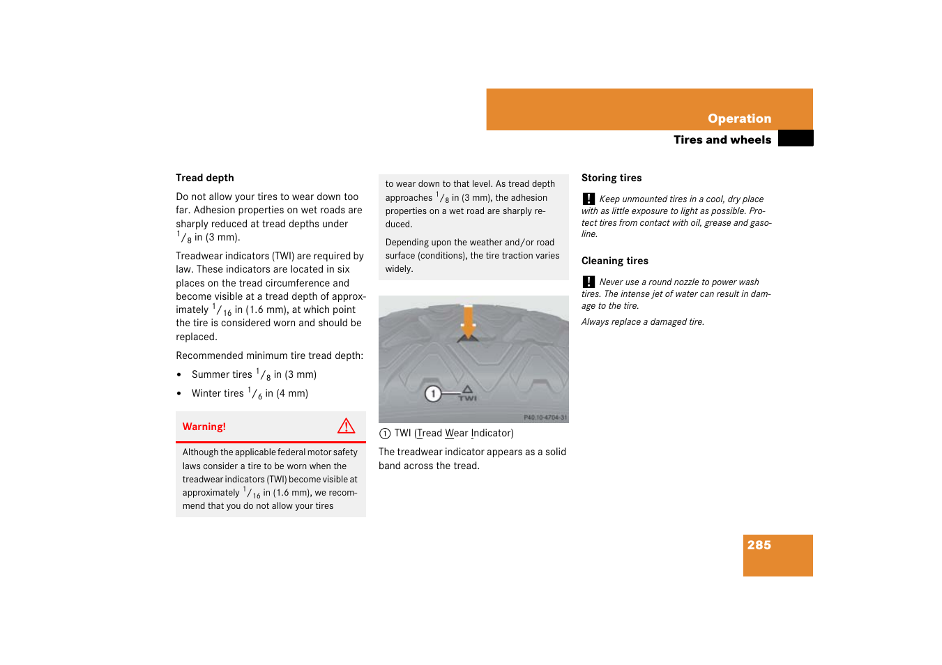 Excessive treadwear | Mercedes-Benz SL-Class 2007 Owners Manual User Manual | Page 286 / 473