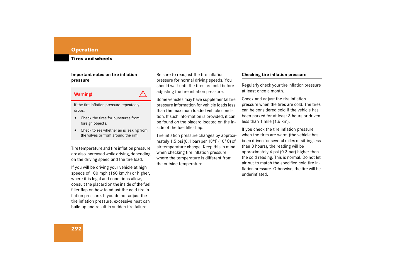 Tire inflation pressure:checking, Checking tire inflation pressure, See “checking tire inflation pressure | Mercedes-Benz SL-Class 2007 Owners Manual User Manual | Page 293 / 473