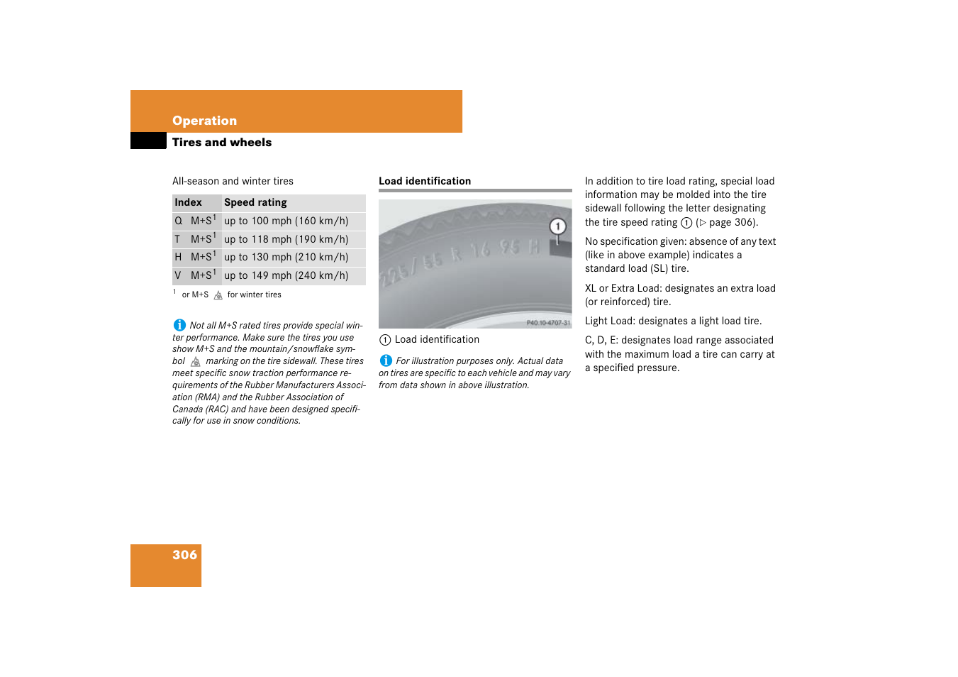 Load identification, Res, see “all-season and winter tires, Cation | Rating, see “load identification | Mercedes-Benz SL-Class 2007 Owners Manual User Manual | Page 307 / 473