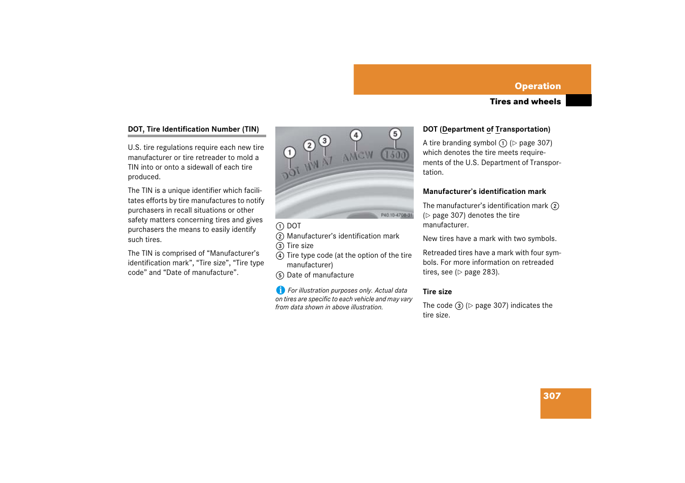 Dot, tire identification number (tin) | Mercedes-Benz SL-Class 2007 Owners Manual User Manual | Page 308 / 473