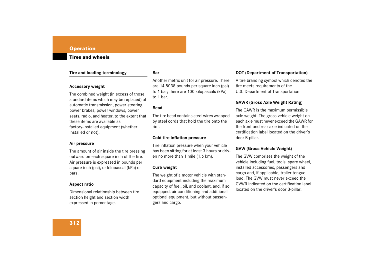 Tire terminology, Tire and loading terminology | Mercedes-Benz SL-Class 2007 Owners Manual User Manual | Page 313 / 473