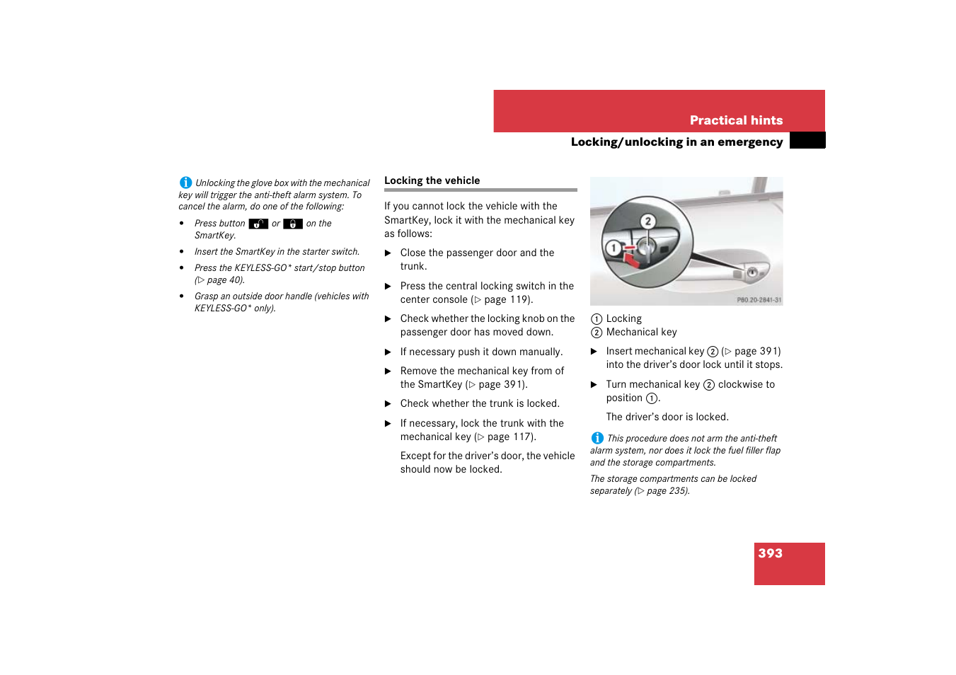 Vehicle:locking in an emergency, Locking the vehicle, Doors | Mercedes-Benz SL-Class 2007 Owners Manual User Manual | Page 394 / 473