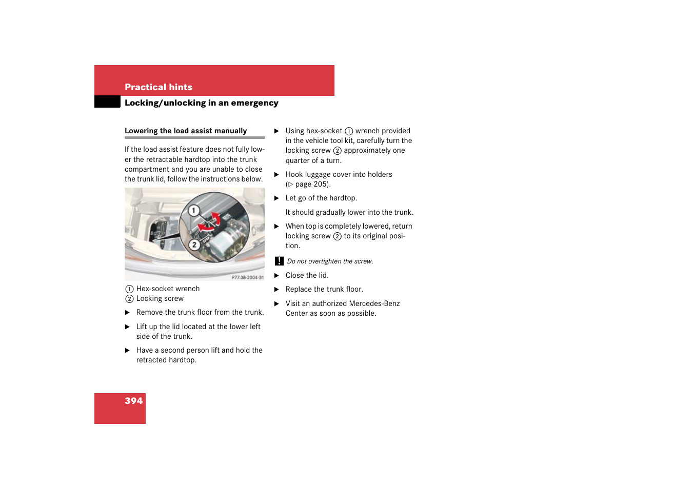Load assist:lowering manually, Lowering the load assist manually 394 | Mercedes-Benz SL-Class 2007 Owners Manual User Manual | Page 395 / 473