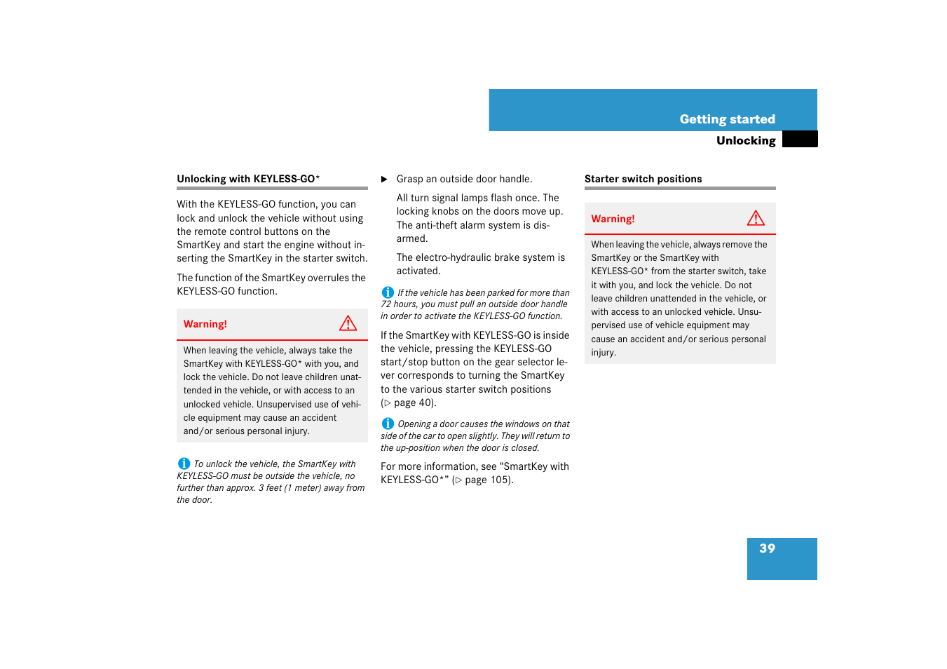 Key, smartkey with keyless-go*:locking/unlocking, Starter switch positions | Mercedes-Benz SL-Class 2007 Owners Manual User Manual | Page 40 / 473
