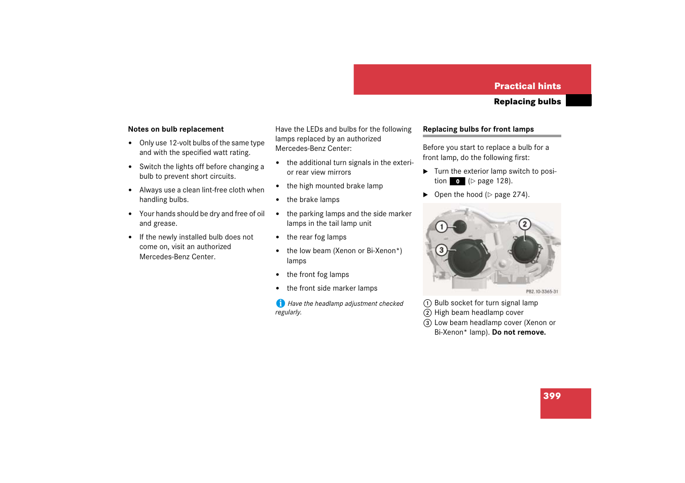 Replacing bulbs for front lamps | Mercedes-Benz SL-Class 2007 Owners Manual User Manual | Page 400 / 473