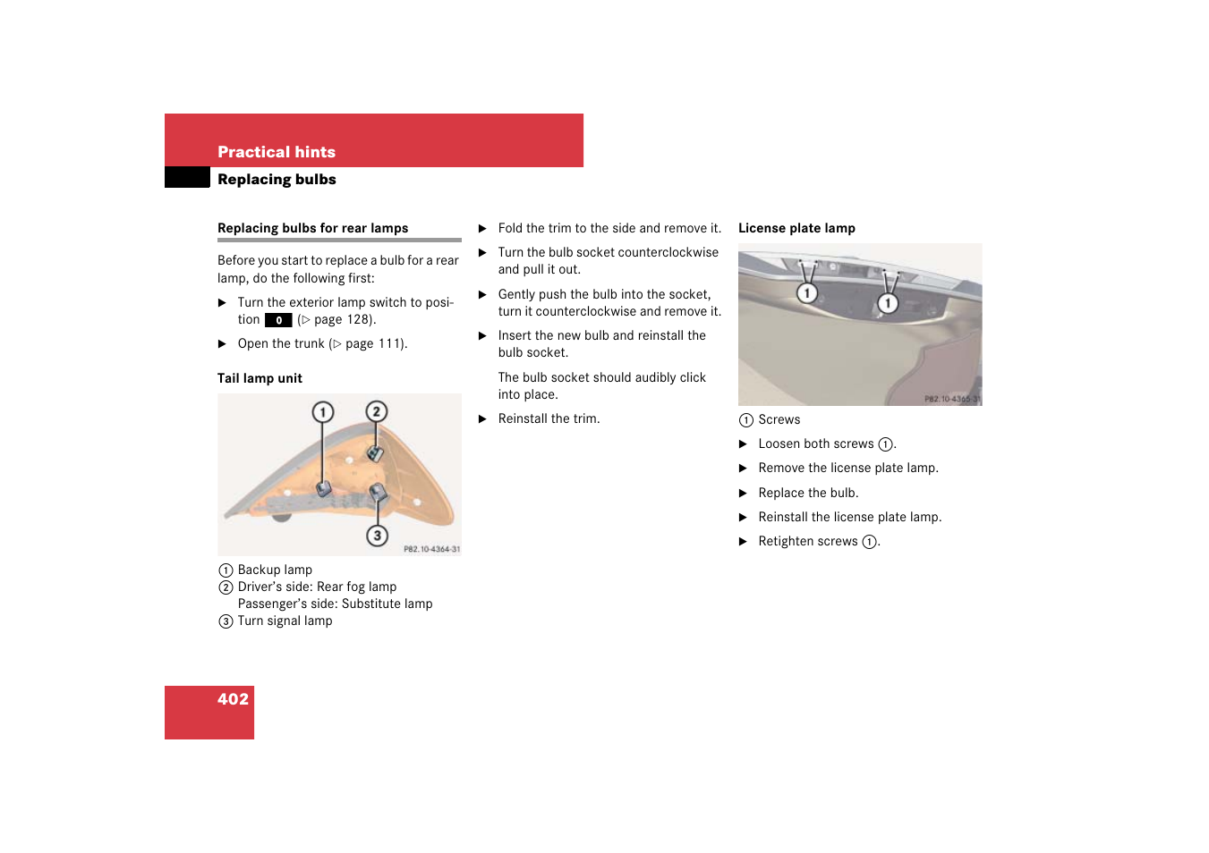 Lamps, exterior:replacing bulbs for rear, Replacing bulbs for rear lamps | Mercedes-Benz SL-Class 2007 Owners Manual User Manual | Page 403 / 473