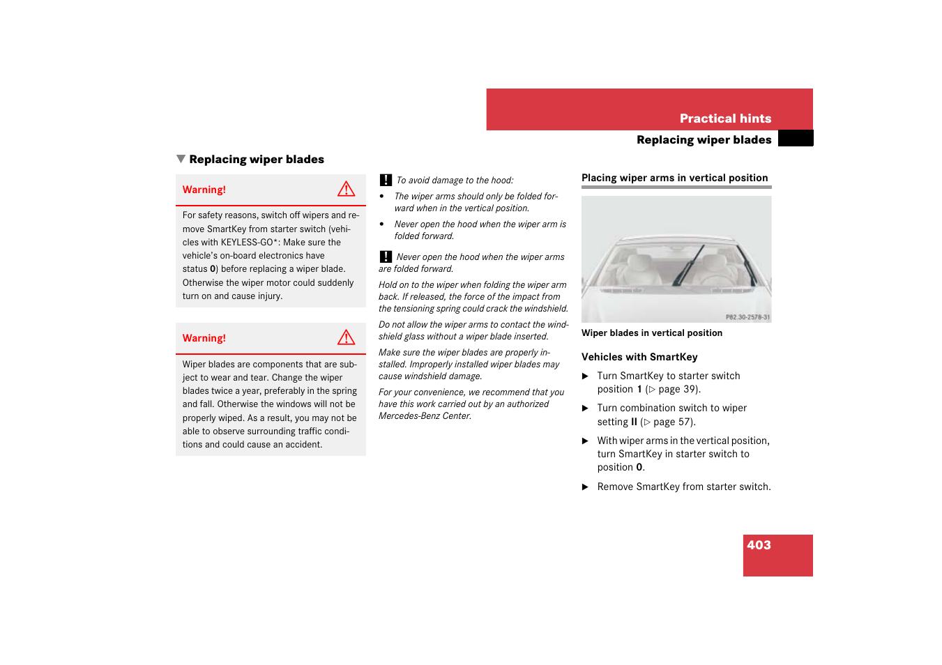 Replacing:wiper blades, Placing wiper arms in vertical position, Replacing wiper blades | Placing wiper arms in vertical position | Mercedes-Benz SL-Class 2007 Owners Manual User Manual | Page 404 / 473