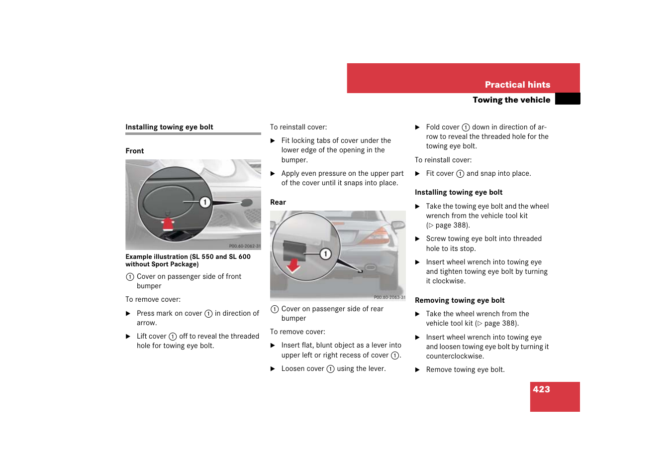 Towing eye bolt (vehicle tool kit):installing, Installing towing eye bolt | Mercedes-Benz SL-Class 2007 Owners Manual User Manual | Page 424 / 473