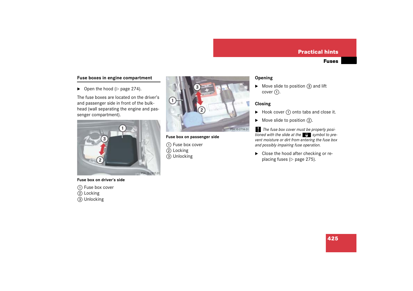 Fuse boxes in engine compartment, Partment | Mercedes-Benz SL-Class 2007 Owners Manual User Manual | Page 426 / 473