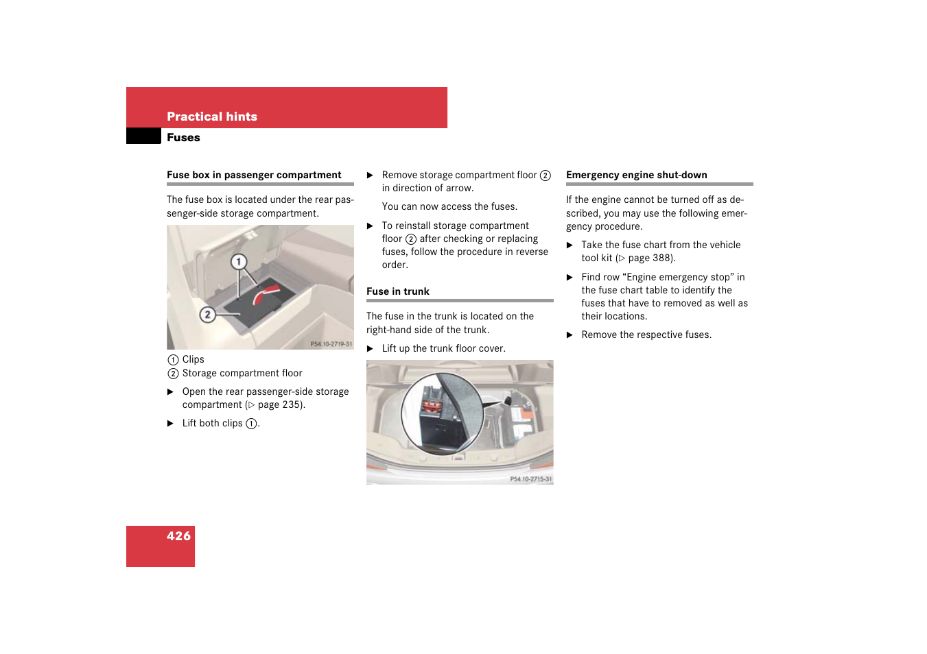 Emergency engine shut-down, In the trunk | Mercedes-Benz SL-Class 2007 Owners Manual User Manual | Page 427 / 473