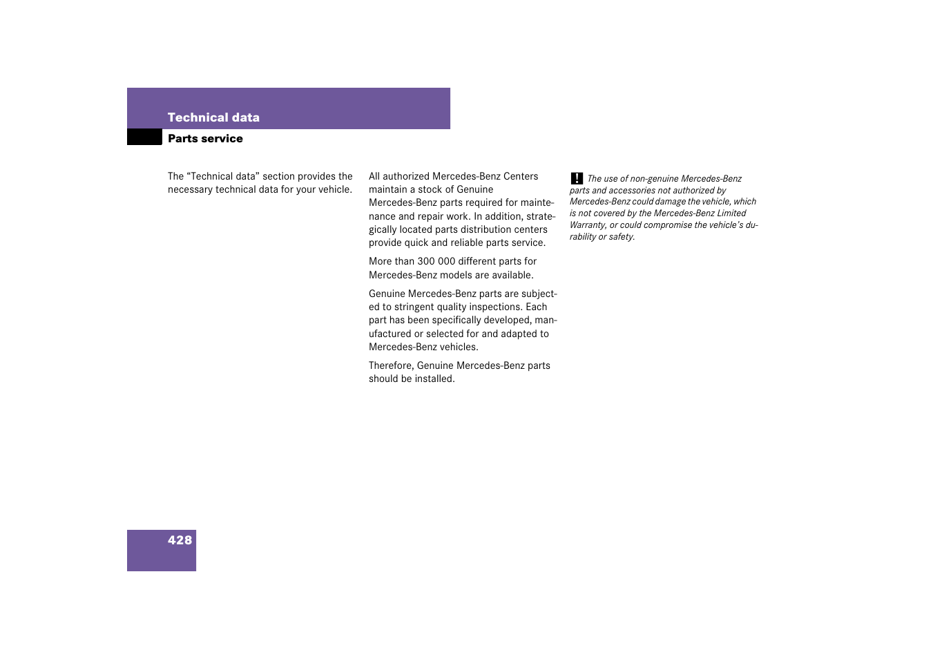 Parts service | Mercedes-Benz SL-Class 2007 Owners Manual User Manual | Page 429 / 473