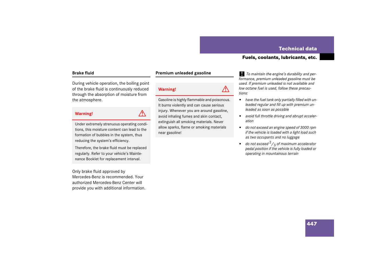 Brakes:brake fluid, Fuel:premium unleaded gasoline, Brake fluid premium unleaded gasoline | See “premium unleaded gasoline | Mercedes-Benz SL-Class 2007 Owners Manual User Manual | Page 448 / 473
