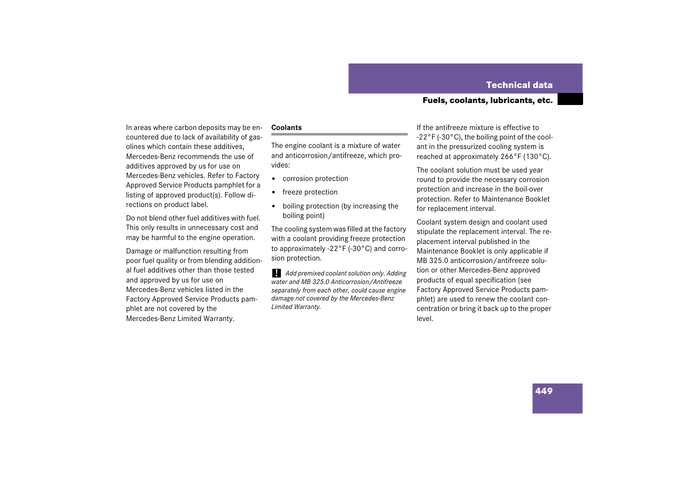 Coolant, Coolants | Mercedes-Benz SL-Class 2007 Owners Manual User Manual | Page 450 / 473