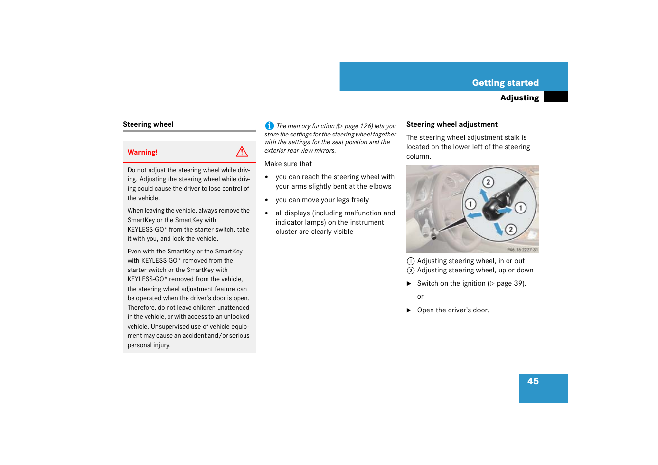Steering wheel:adjusting, Steering wheel | Mercedes-Benz SL-Class 2007 Owners Manual User Manual | Page 46 / 473