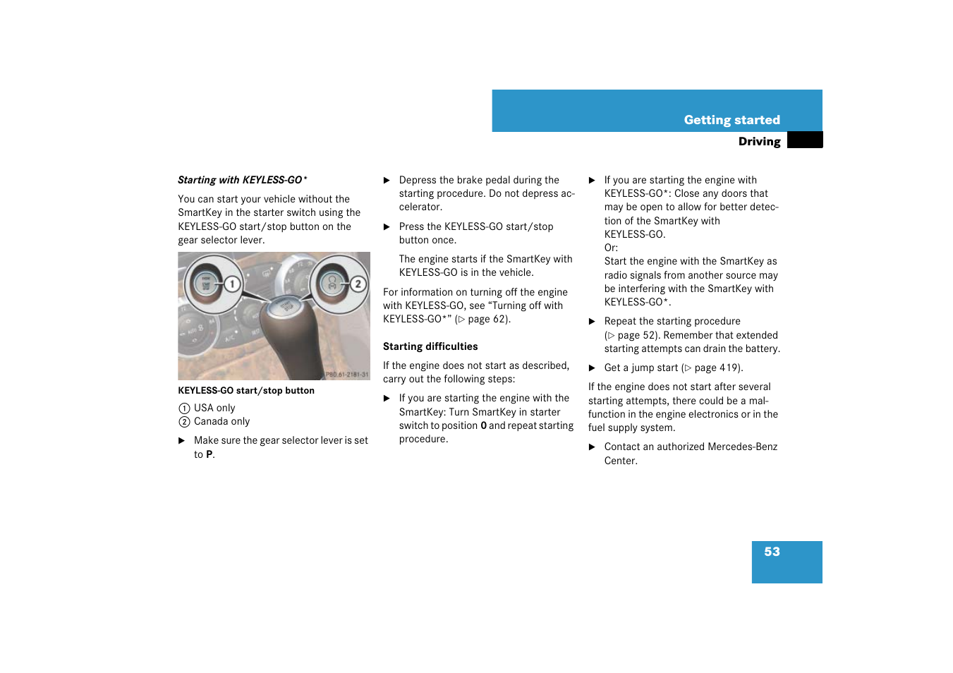 See “starting with keyless-go | Mercedes-Benz SL-Class 2007 Owners Manual User Manual | Page 54 / 473