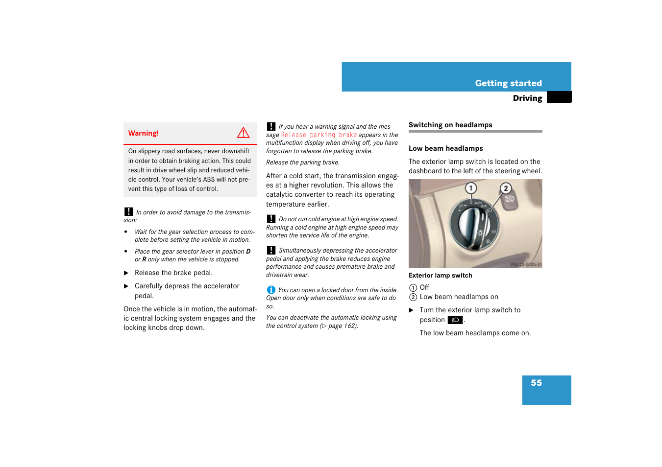 Switching on headlamps | Mercedes-Benz SL-Class 2007 Owners Manual User Manual | Page 56 / 473