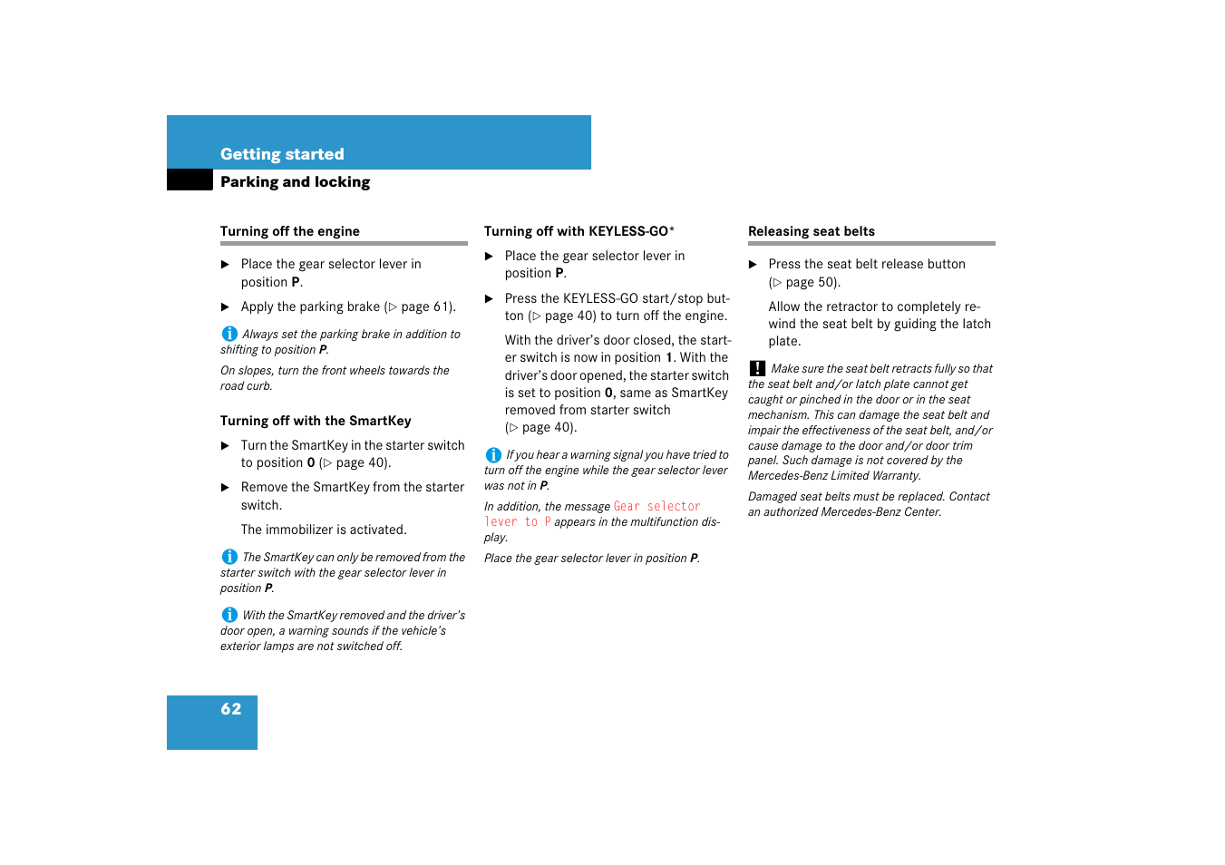 Turning off the engine, Releasing seat belts, Turning off the engine releasing seat belts | Tkey, see “turning off with the smartkey, See “turning off with keyless-go | Mercedes-Benz SL-Class 2007 Owners Manual User Manual | Page 63 / 473
