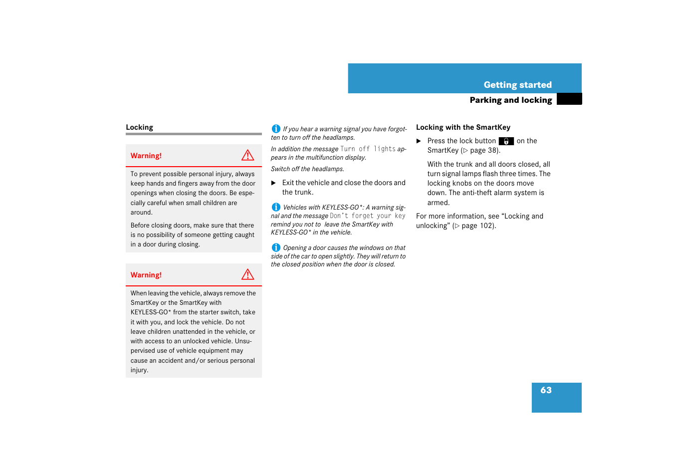 Key, smartkey:locking/unlocking, Locking | Mercedes-Benz SL-Class 2007 Owners Manual User Manual | Page 64 / 473