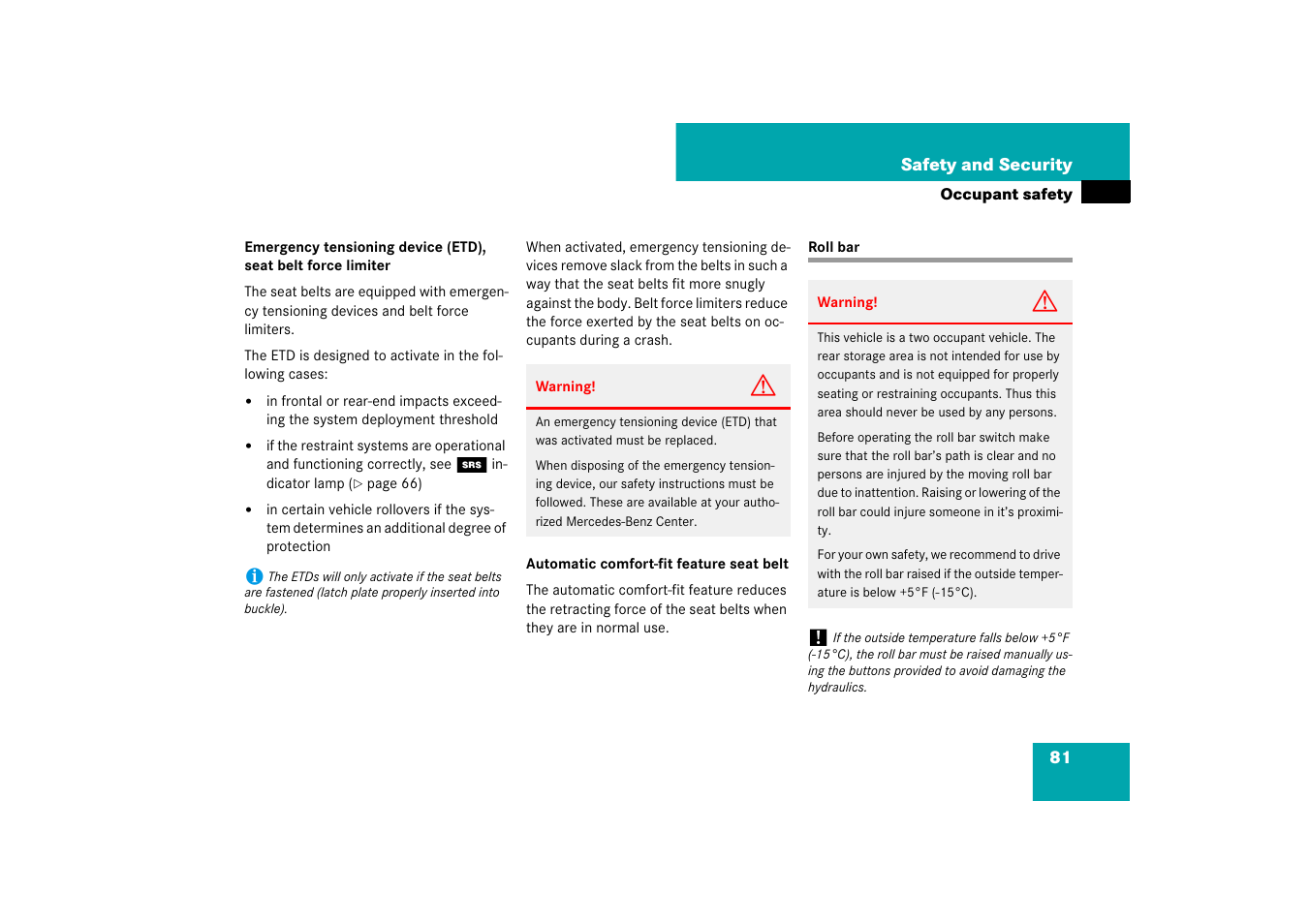 Roll bar, Seat belts | Mercedes-Benz SL-Class 2007 Owners Manual User Manual | Page 82 / 473