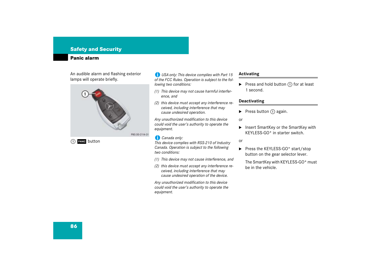 Panic alarm, Activating, Deactivating | Activating deactivating | Mercedes-Benz SL-Class 2007 Owners Manual User Manual | Page 87 / 473