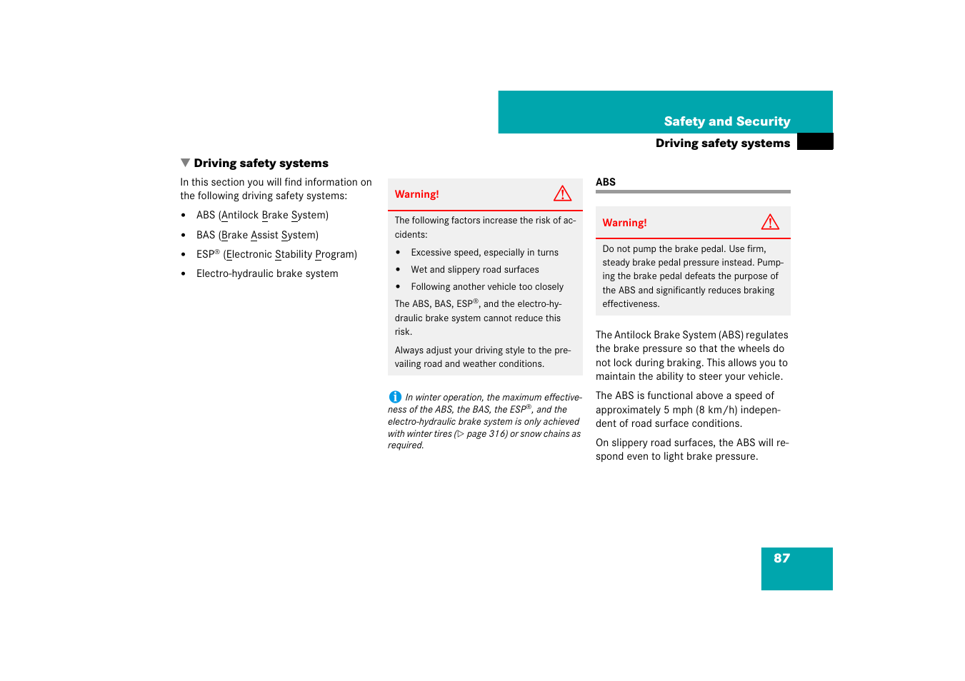 Driving safety systems, Driving safety systems:abs | Mercedes-Benz SL-Class 2007 Owners Manual User Manual | Page 88 / 473