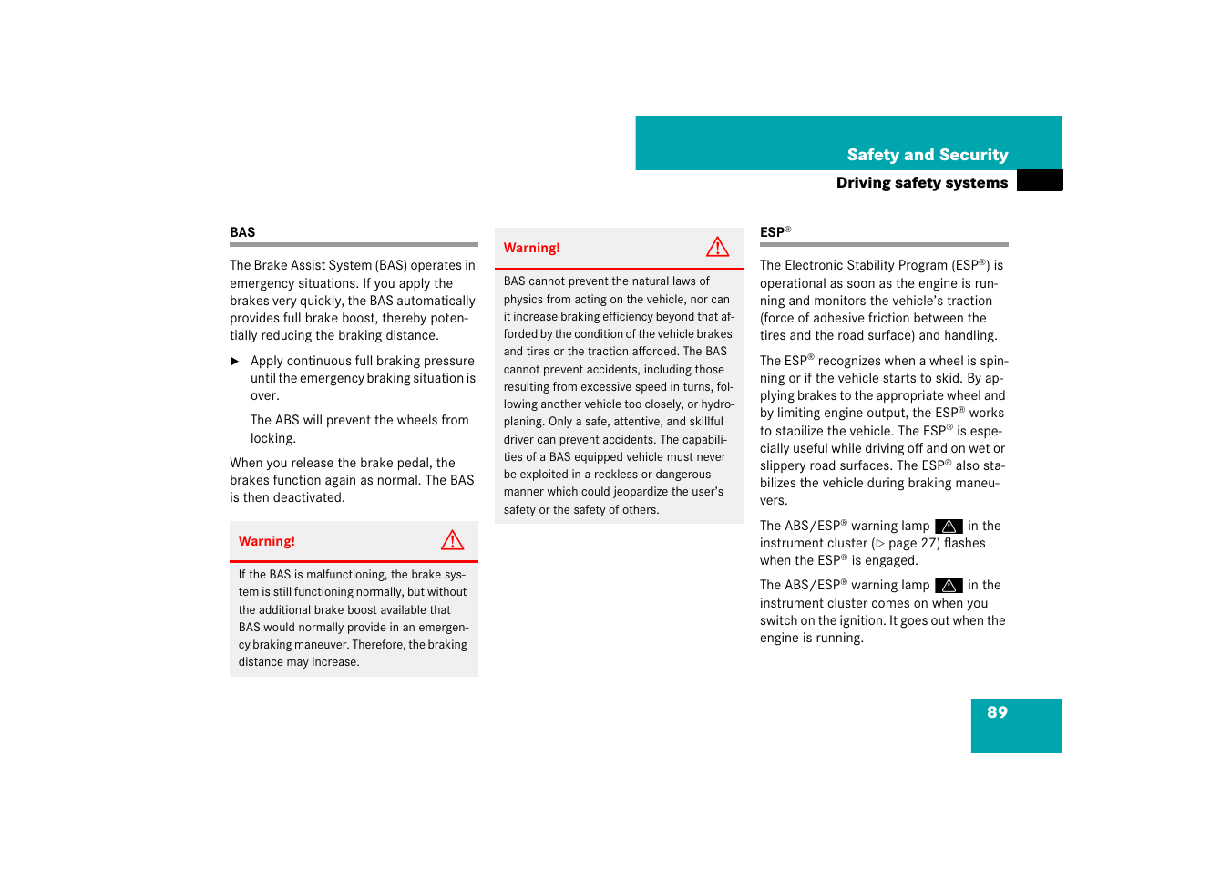 Driving safety systems:esp | Mercedes-Benz SL-Class 2007 Owners Manual User Manual | Page 90 / 473