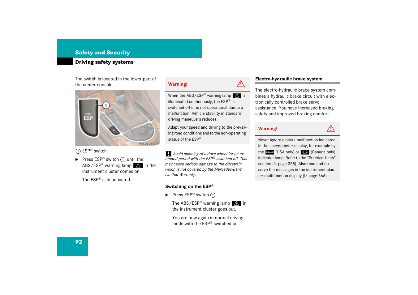Electro-hydraulic brake system | Mercedes-Benz SL-Class 2007 Owners Manual User Manual | Page 93 / 473