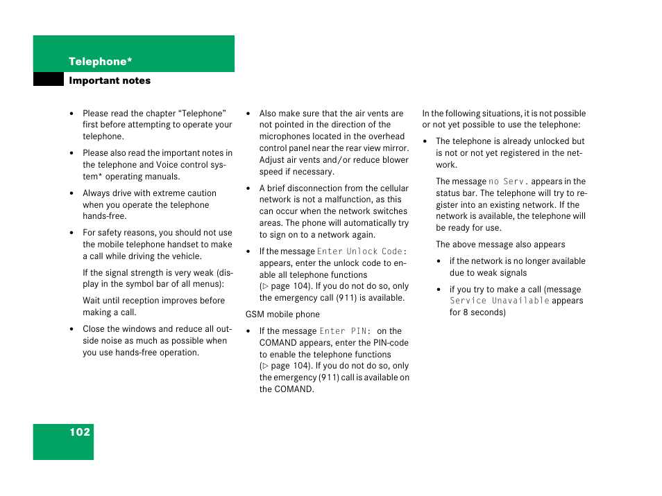 102 telephone | Mercedes-Benz SL-Class 2007 COMAND Manual User Manual | Page 104 / 234