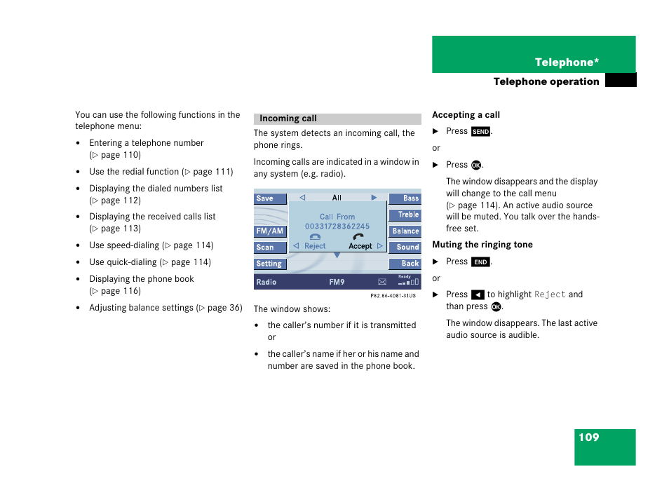 109 telephone | Mercedes-Benz SL-Class 2007 COMAND Manual User Manual | Page 111 / 234