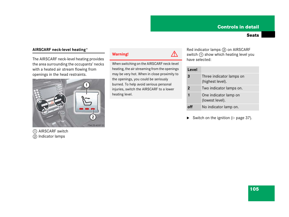 Airscarf neck-level heating | Mercedes-Benz SLK-Class 2007 Owners Manual User Manual | Page 106 / 473